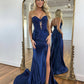 Schulterfreies, herzförmiger Ausschnitt, langes blaues Satin-Spitzen-Ballkleid, langes blaues Abendkleid nv1494