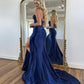 Schulterfreies, herzförmiger Ausschnitt, langes blaues Satin-Spitzen-Ballkleid, langes blaues Abendkleid nv1494