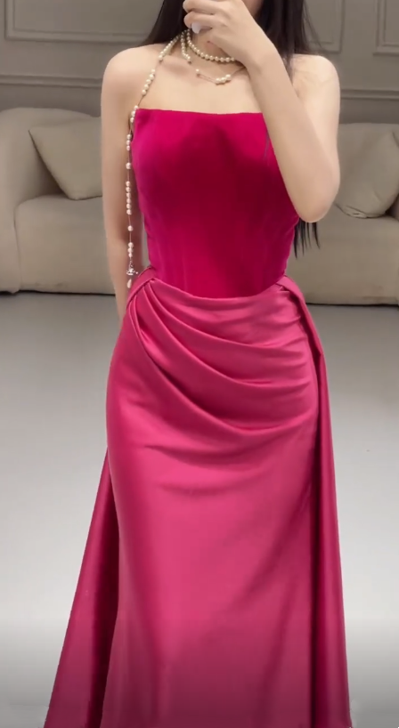 Pink simple fashion elegant tube top off shoulder long velvet satin stitching pleated long evening dress prom dress party dress nv2610