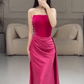 Pink simple fashion elegant tube top off shoulder long velvet satin stitching pleated long evening dress prom dress party dress nv2610