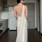 White solid color halter neck ribbon off-shoulder simple long satin ball gown evening dress party dress nv2615