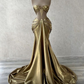 Gold Gorgeous Elegant Off-the-shoulder Rhinestone Tassel Two-piece Suit Long Ball Gown Evening Dress nv2642