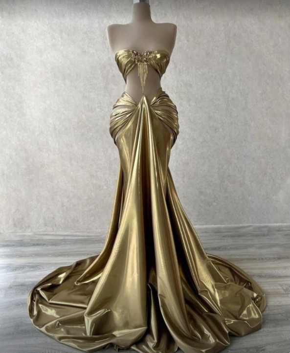 Gold Gorgeous Elegant Off-the-shoulder Rhinestone Tassel Two-piece Suit Long Ball Gown Evening Dress nv2642