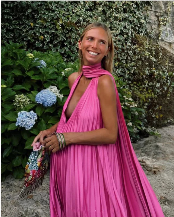 Rosa/grünes V-Ausschnitt, tief ausgeschnitten, lang, elegantes Satin-Ballkleid, Abendkleid, Hochzeitsgastkleid nv2976
