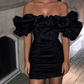 Schwarzes, enges, schulterfreies, kurzes Mini-Satinkleid mit Rüschen, Homecoming-Kleid, Ballkleid, Geburtstagspartykleid, NV1730