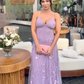 Lila, schickes Ballkleid mit Spitzenapplikationen und Spaghettiträgern, langem Tüll, nv835