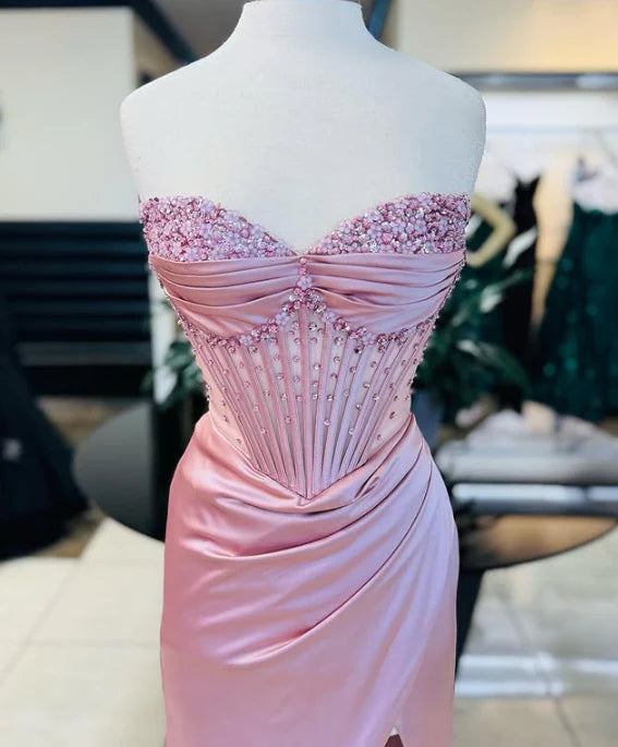 Robe de soirée longue en satin rose, magnifique, brillante, exquise, perlée, élégante et sexy, fendue, robe de bal, robe de soirée nv4146