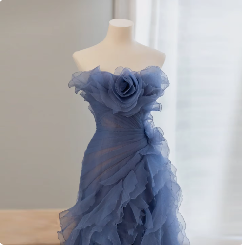 Blue gorgeous elegant strapless long ruffled tulle ball gown evening dress nv3441