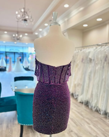 Lila glänzendes modisches schulterfreies kurzes Pailletten-Heimkehrkleid, Abschlussball-Abendkleid, Partykleid NV1245