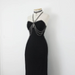 Robe de soirée longue en mousseline de soie noire, élégante et vintage, nv3549