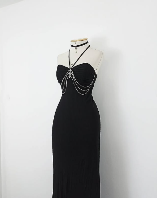 Robe de soirée longue en mousseline de soie noire, élégante et vintage, nv3549