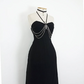 Robe de soirée longue en mousseline de soie noire, élégante et vintage, nv3549