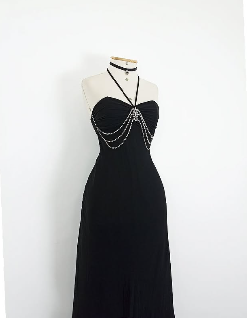 Robe de soirée longue en mousseline de soie noire, élégante et vintage, nv3549
