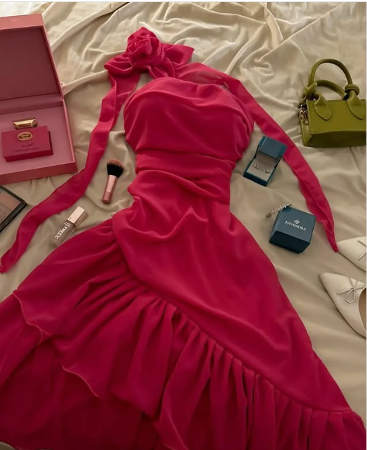 Robe de soirée longue en mousseline de soie à volants, élégante et florale, style bal de promo, rouge, nv3550