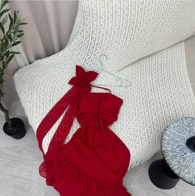 Robe de soirée longue en mousseline de soie à volants, élégante et florale, style bal de promo, rouge, nv3550
