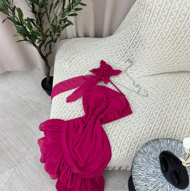 Robe de soirée longue en mousseline de soie à volants, élégante et florale, rose, nv3560