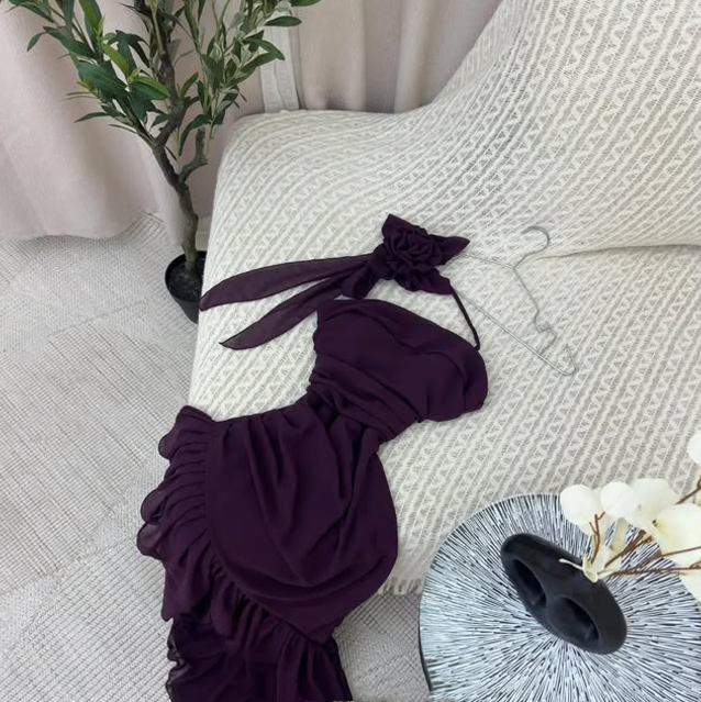 Robe de soirée longue en mousseline de soie à volants, élégante et florale, violette, nv3561