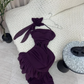 Robe de soirée longue en mousseline de soie à volants, élégante et florale, violette, nv3561