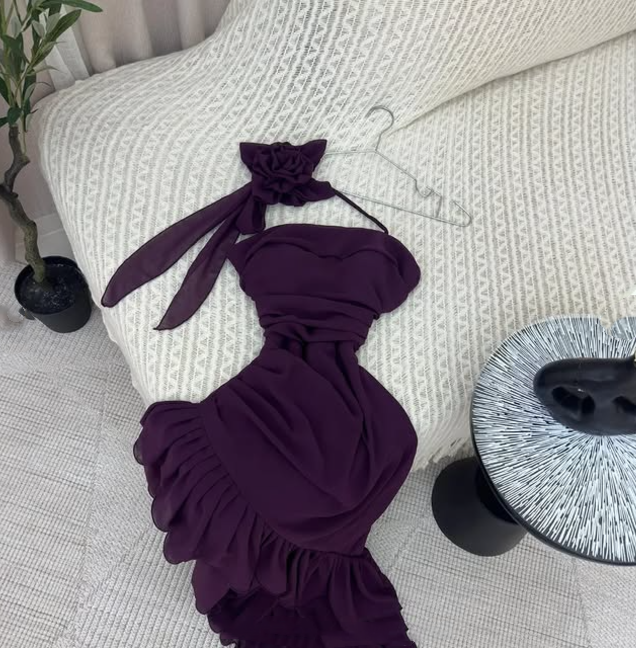 Robe de soirée longue en mousseline de soie à volants, élégante et florale, violette, nv3561