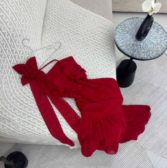 Robe de soirée longue en mousseline de soie à volants, élégante et florale, style bal de promo, rouge, nv3550