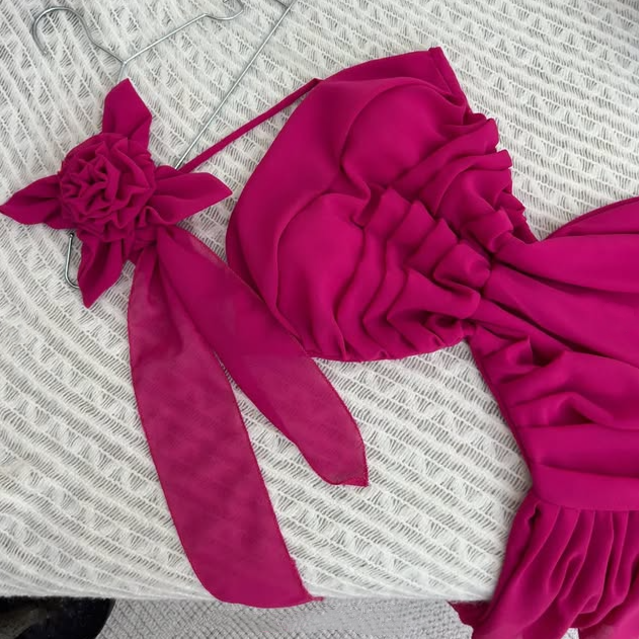 Robe de soirée longue en mousseline de soie à volants, élégante et florale, rose, nv3560