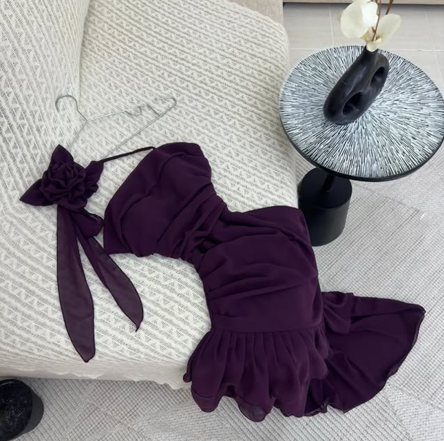 Robe de soirée longue en mousseline de soie à volants, élégante et florale, violette, nv3561