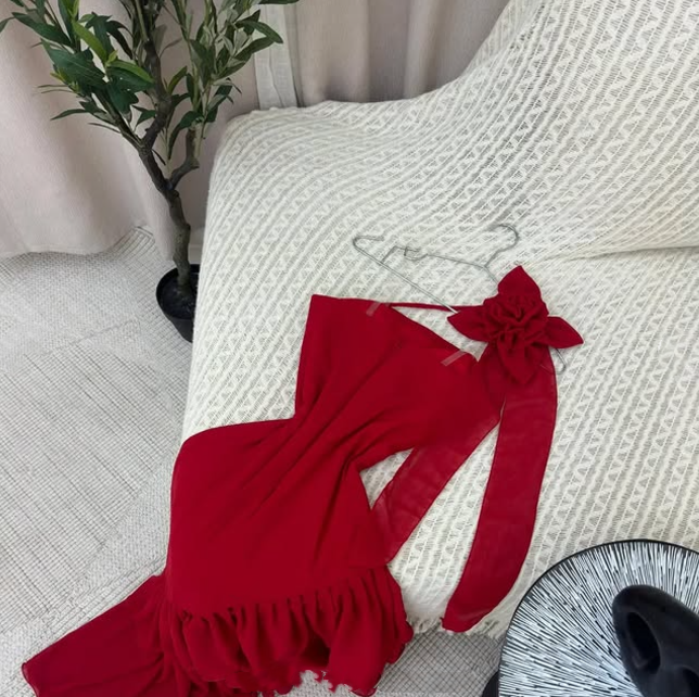 Robe de soirée longue en mousseline de soie à volants, élégante et florale, style bal de promo, rouge, nv3550