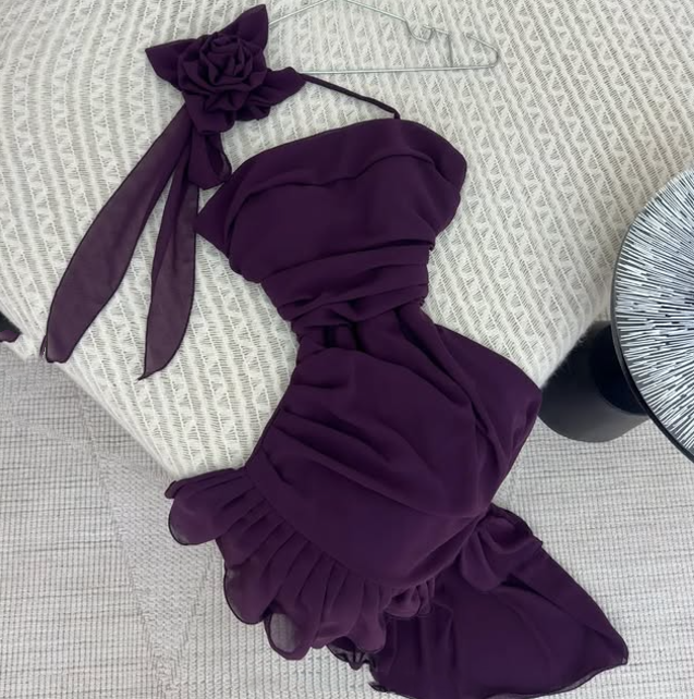 Robe de soirée longue en mousseline de soie à volants, élégante et florale, violette, nv3561