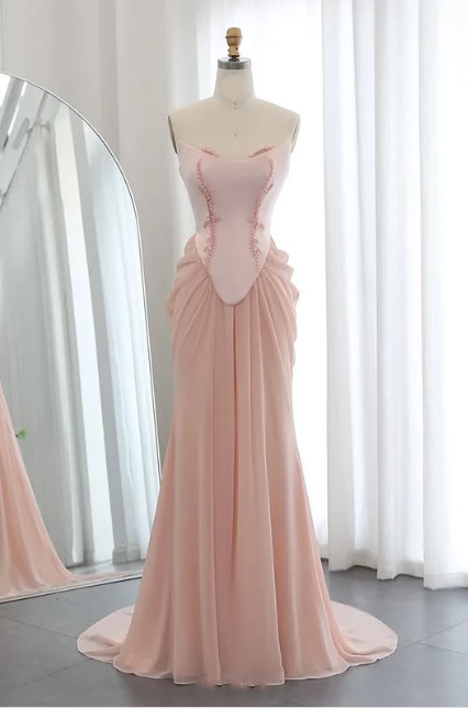 Trägerloses A-Linien-Ballkleid im Meerjungfrauen-Stil in Rosa, Abend- und Ballkleid nv1743