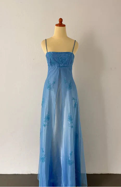 Robe de soirée longue en tulle, élégante et élégante, avec broderies et perles, bretelles spaghetti, bleu marine, nv3979