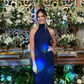 Marineblaues schlichtes, elegantes Neckholder-Abendkleid mit schulterfreiem Ausschnitt und schlankem, langem Satin-Ballkleid, Abendkleid, Partykleid, nv2562