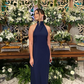 Marineblaues schlichtes, elegantes Neckholder-Abendkleid mit schulterfreiem Ausschnitt und schlankem, langem Satin-Ballkleid, Abendkleid, Partykleid, nv2562