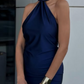 Marineblaues schlichtes, elegantes Neckholder-Abendkleid mit schulterfreiem Ausschnitt und schlankem, langem Satin-Ballkleid, Abendkleid, Partykleid, nv2562
