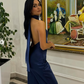 Marineblaues schlichtes, elegantes Neckholder-Abendkleid mit schulterfreiem Ausschnitt und schlankem, langem Satin-Ballkleid, Abendkleid, Partykleid, nv2562
