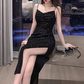 Schwarzes glänzendes elegantes Prinzessinnen-Pailletten-Spaghettiträger-langes Ballkleid-Abendkleid-Partykleid NV101