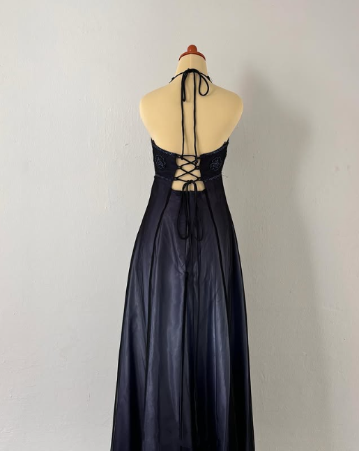 Robe de soirée longue en satin et tulle, élégante, dos nu, style vintage, noire et bordeaux, avec perles exquises, nv3743