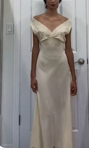 Elfenbeinfarbenes, elegantes V-Ausschnitt-Kleid, lang, schmale Passform, Satin, Party-/Ballkleid, Abendkleid, Ballkleid, Hochzeitskleid, nv3934