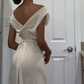 Elfenbeinfarbenes, elegantes V-Ausschnitt-Kleid, lang, schmale Passform, Satin, Party-/Ballkleid, Abendkleid, Ballkleid, Hochzeitskleid, nv3934