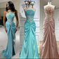 Grünes luxuriöses trägerloses Meerjungfrau-Abendkleid aus glänzendem Satin mit Perlen, langes formelles Partykleid, Ballkleid, Abendkleid nv2415