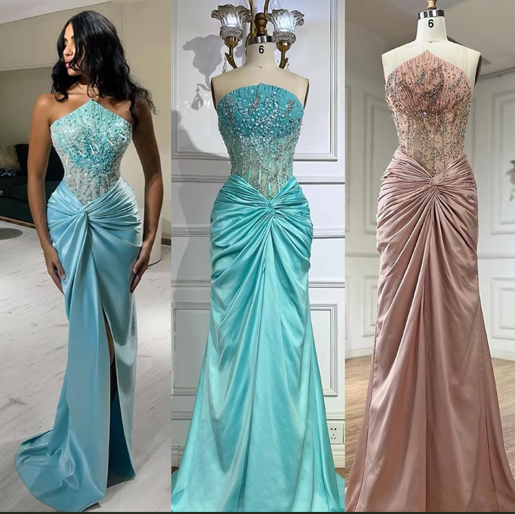 Grünes luxuriöses trägerloses Meerjungfrau-Abendkleid aus glänzendem Satin mit Perlen, langes formelles Partykleid, Ballkleid, Abendkleid nv2415
