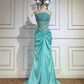 Grünes luxuriöses trägerloses Meerjungfrau-Abendkleid aus glänzendem Satin mit Perlen, langes formelles Partykleid, Ballkleid, Abendkleid nv2415