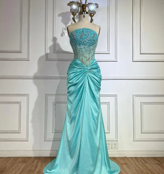 Grünes luxuriöses trägerloses Meerjungfrau-Abendkleid aus glänzendem Satin mit Perlen, langes formelles Partykleid, Ballkleid, Abendkleid nv2415