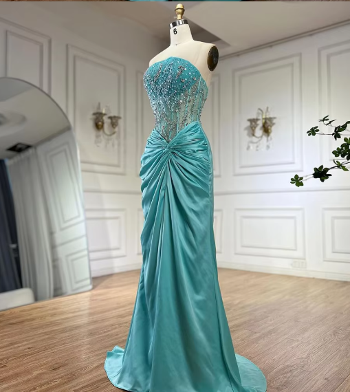 Grünes luxuriöses trägerloses Meerjungfrau-Abendkleid aus glänzendem Satin mit Perlen, langes formelles Partykleid, Ballkleid, Abendkleid nv2415