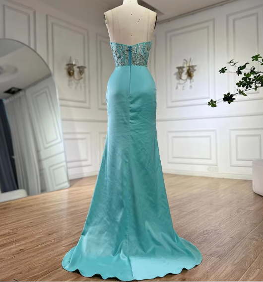 Grünes luxuriöses trägerloses Meerjungfrau-Abendkleid aus glänzendem Satin mit Perlen, langes formelles Partykleid, Ballkleid, Abendkleid nv2415