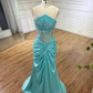 Grünes luxuriöses trägerloses Meerjungfrau-Abendkleid aus glänzendem Satin mit Perlen, langes formelles Partykleid, Ballkleid, Abendkleid nv2415