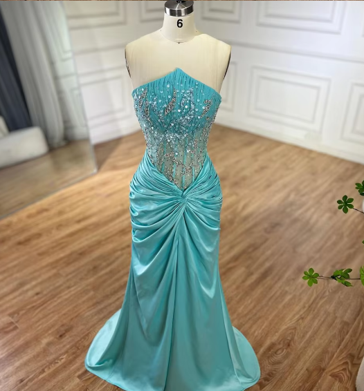Grünes luxuriöses trägerloses Meerjungfrau-Abendkleid aus glänzendem Satin mit Perlen, langes formelles Partykleid, Ballkleid, Abendkleid nv2415