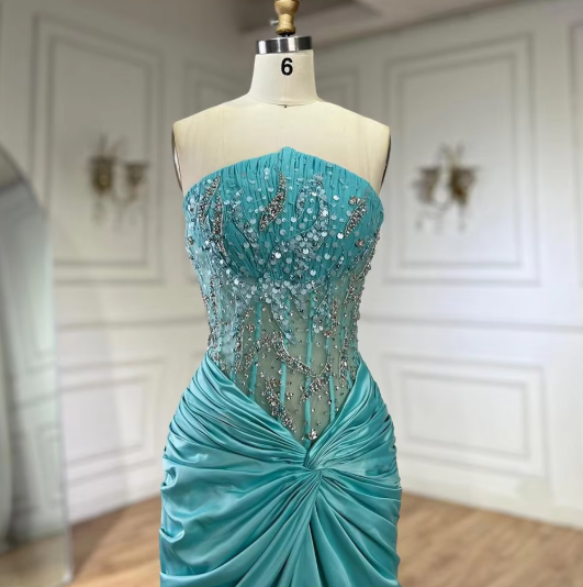 Grünes luxuriöses trägerloses Meerjungfrau-Abendkleid aus glänzendem Satin mit Perlen, langes formelles Partykleid, Ballkleid, Abendkleid nv2415
