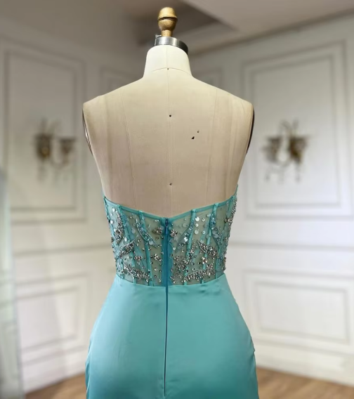 Grünes luxuriöses trägerloses Meerjungfrau-Abendkleid aus glänzendem Satin mit Perlen, langes formelles Partykleid, Ballkleid, Abendkleid nv2415