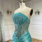 Grünes luxuriöses trägerloses Meerjungfrau-Abendkleid aus glänzendem Satin mit Perlen, langes formelles Partykleid, Ballkleid, Abendkleid nv2415