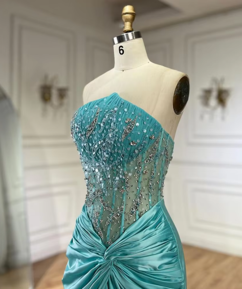 Grünes luxuriöses trägerloses Meerjungfrau-Abendkleid aus glänzendem Satin mit Perlen, langes formelles Partykleid, Ballkleid, Abendkleid nv2415
